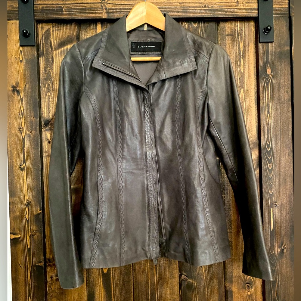 Elie Tahari Grey Leather Jacket. Classic Style